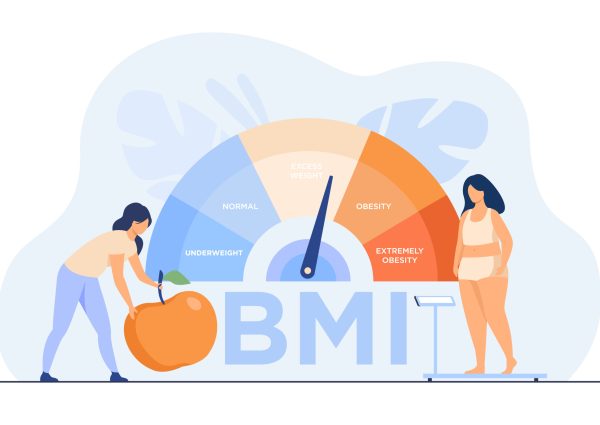 Tiny women near obese chart scales isolated flat vector illustration. Cartoon female characters on diet using weight control with BMI. Body mass index and medical fitness exercise concept